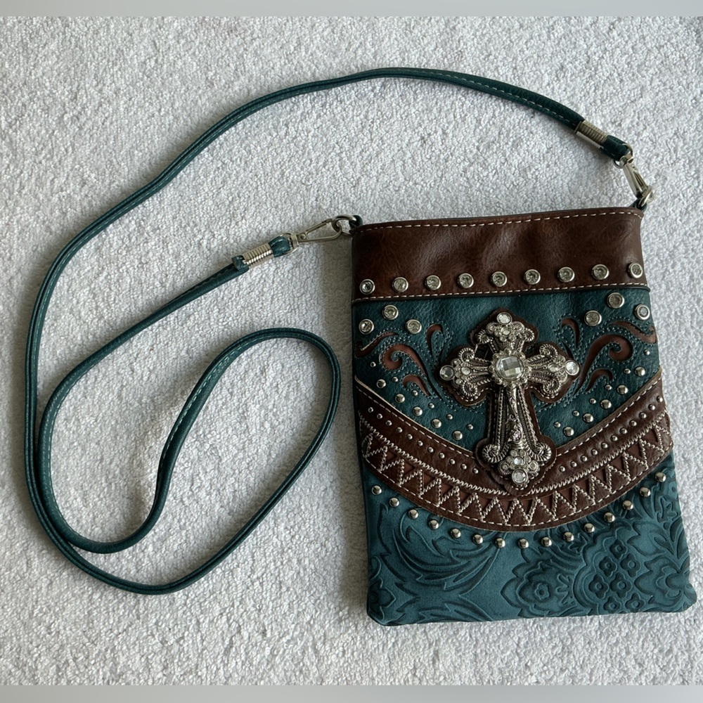 Brown and Teal Crossbody Bag